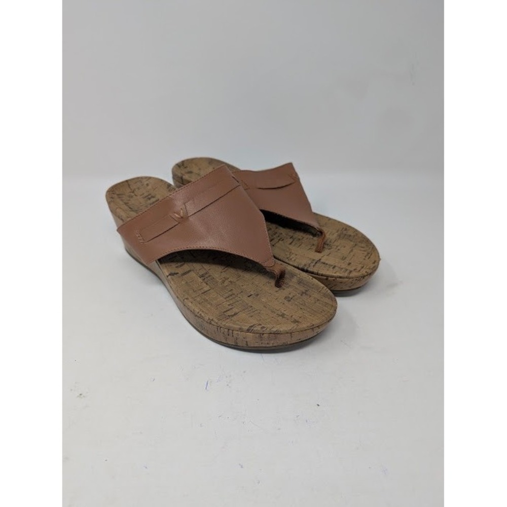 Vionic Cameron Brown Leather Cork Wedge Thong Sandals Women's sz 9
